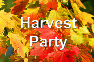 The words "Harvest Party" written over fall leaves
